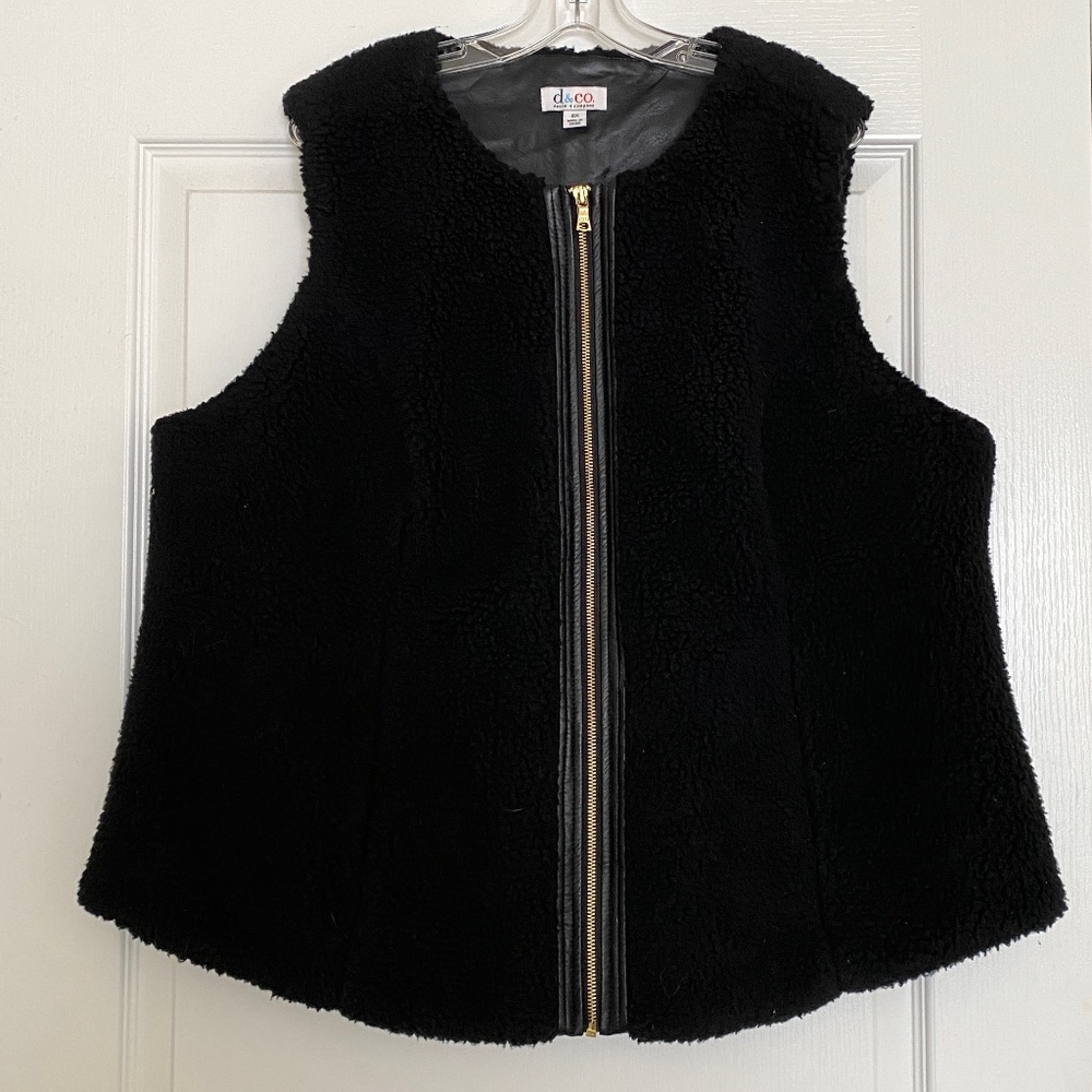 Denim & Company Women's Black 2X Sherpa Zip Front Vest Faux Leather Trim Lining